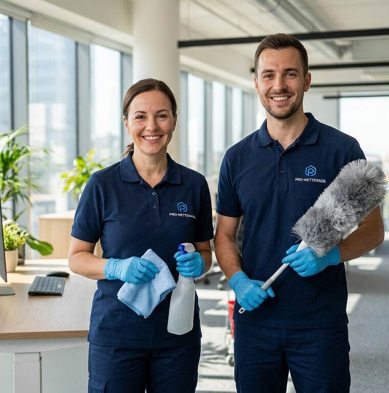 Équipe de nettoyage professionnel équipée de gants et de produits d'entretien