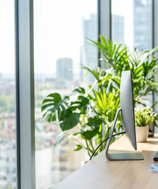Plantes vertes et poste de travail dans des bureaux lumineux